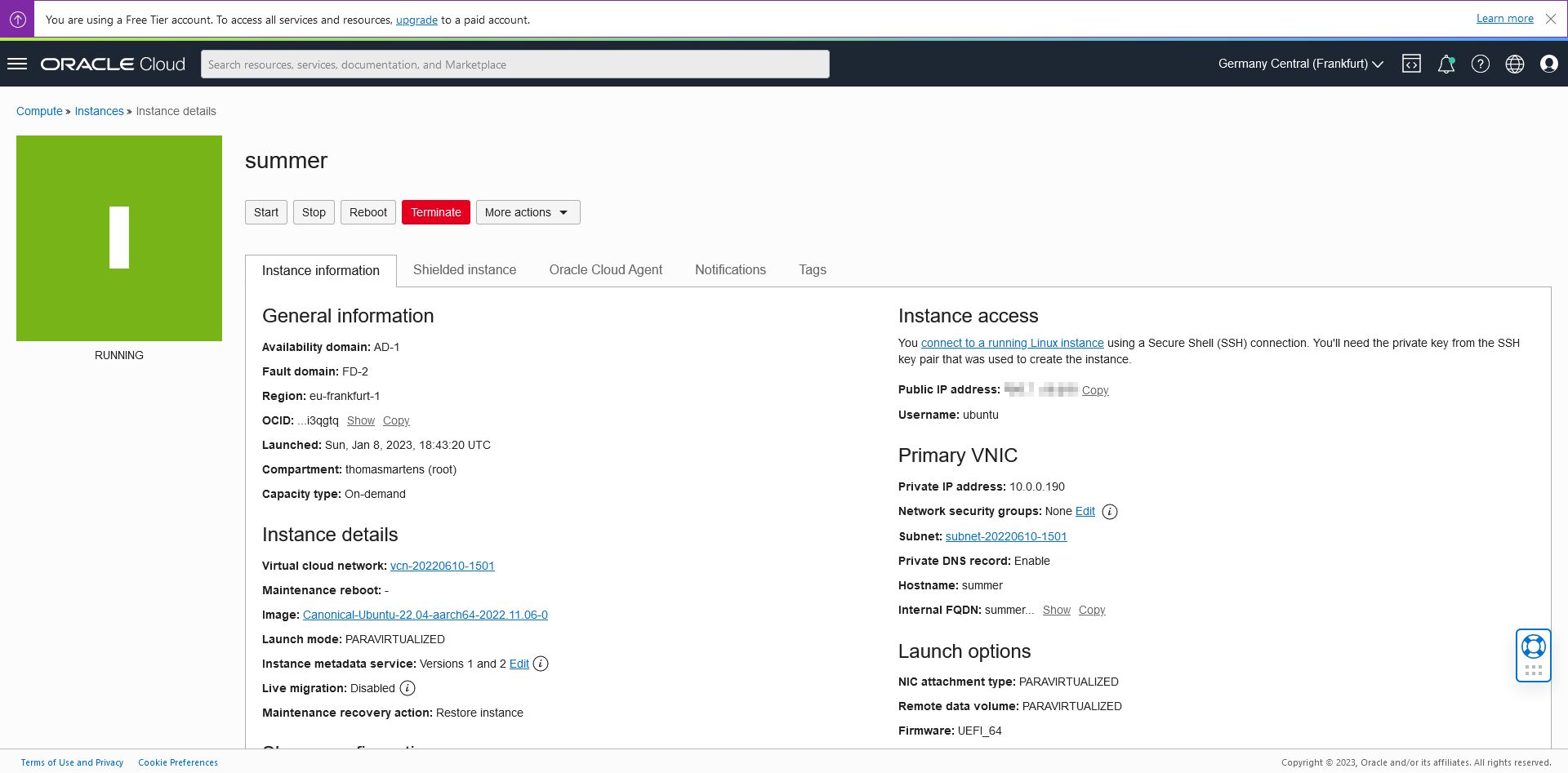 Web UI showing the state of my Oracle Cloud (OCI) Compute Instance